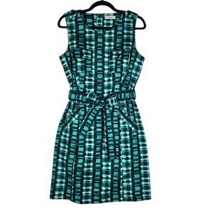 Calvin Klein Dress Size 10 Teal Black Geometric Pattern Sleeveless Belted Zip